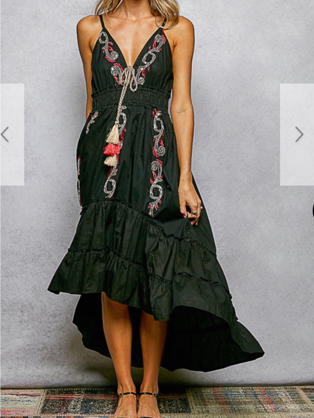 POL Black High-Low Embroidered Spaghetti Strap Dress